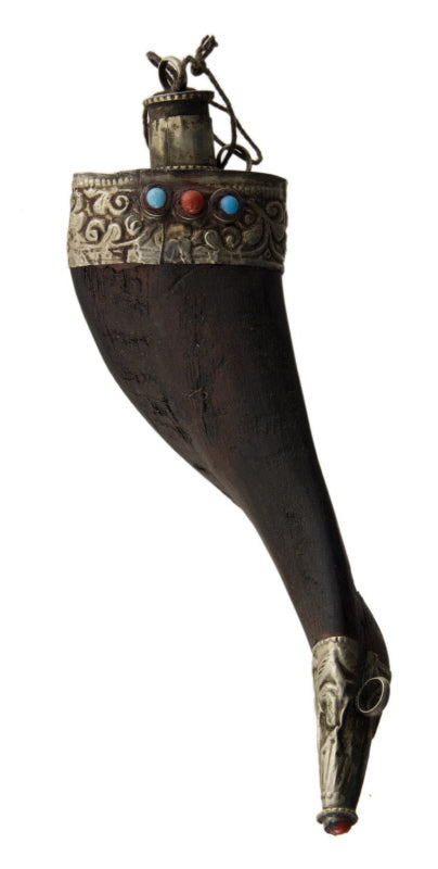 Fiole Tabatière Tibétaine en Corne de Chèvre et Métal – Objet Chamanique Traditionnel