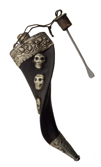 Fiole Tabatière Tibétaine en Corne de Chèvre et Métal – Objet Chamanique Traditionnel