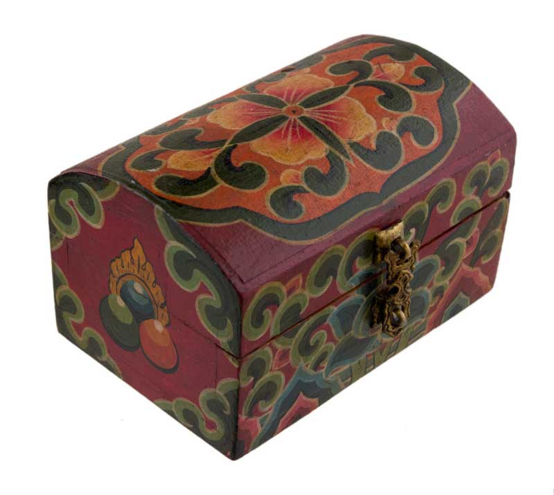Coffret tibétain en bois peint – Lotus et Joyaux d’offrande de l’Himalaya