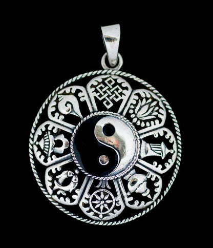 Pendentif Tibétain Yin Yang Astamangala en Argent Massif 925