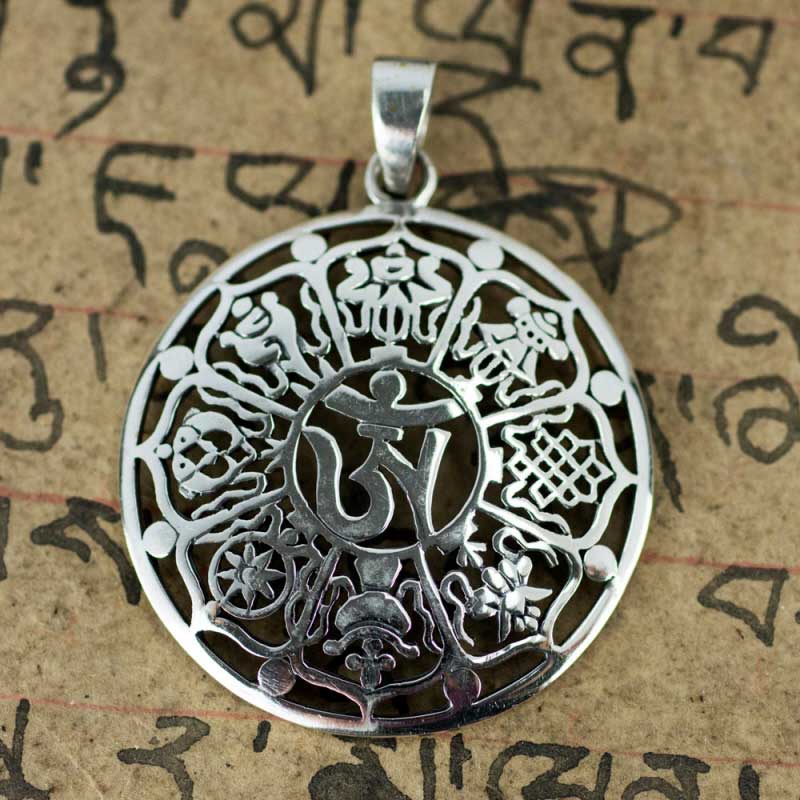 Pendentif Bouddhiste Astamangala et Om Tibétain en Argent 925