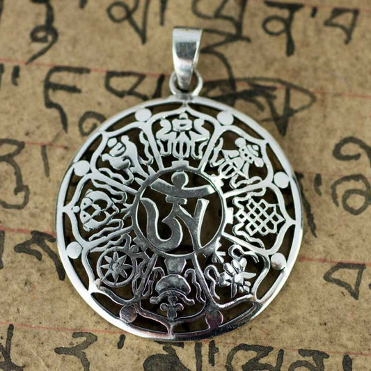 Pendentif Bouddhiste Astamangala et Om Tibétain en Argent 925