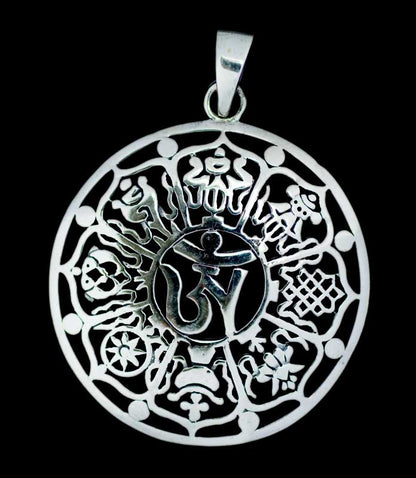 Pendentif Bouddhiste Astamangala et Om Tibétain en Argent 925