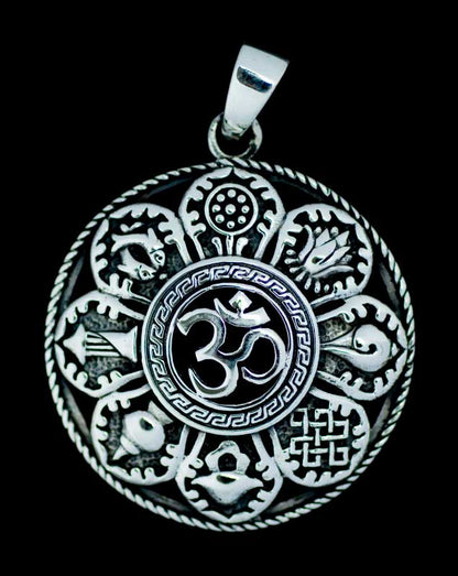 Pendentif Bouddhiste Astamangala et Om en Argent 925