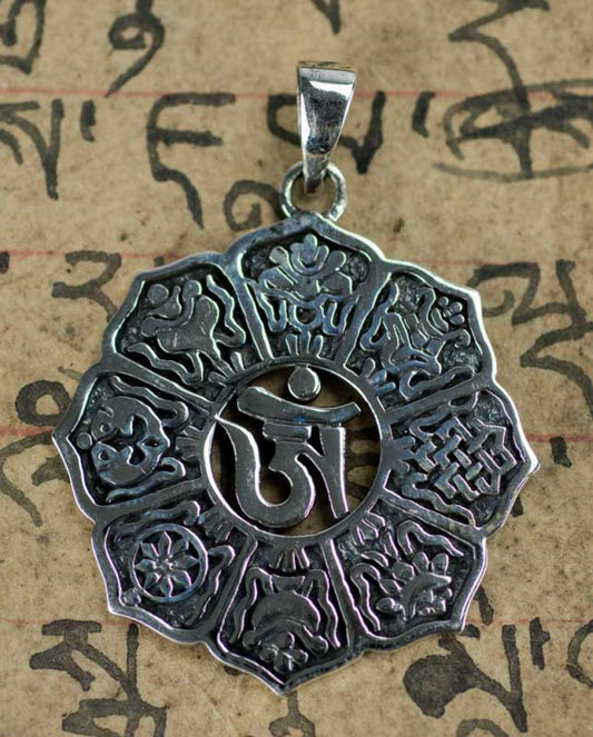 Pendentif Bouddhiste Astamangala et Om Tibétain en Argent 925