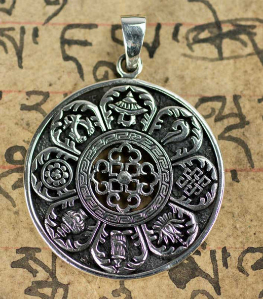 Pendentif Tibétain Astamangala – Symboles Auspicieux Bouddhistes en Argent Massif 925