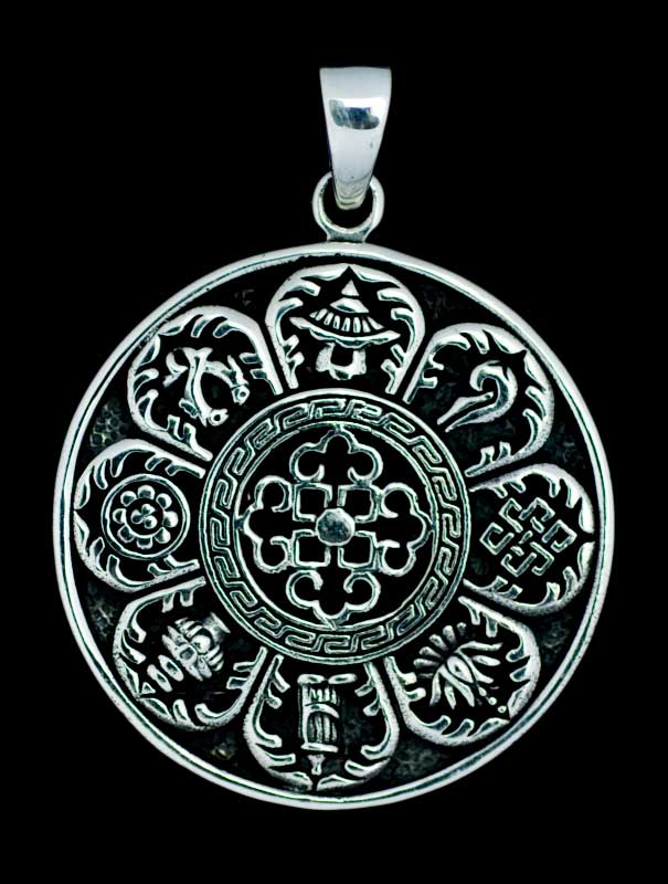 Pendentif Tibétain Astamangala – Symboles Auspicieux Bouddhistes en Argent Massif 925