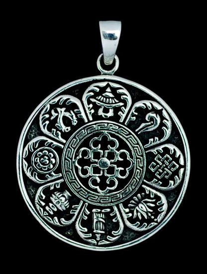 Pendentif Tibétain Astamangala – Symboles Auspicieux Bouddhistes en Argent Massif 925