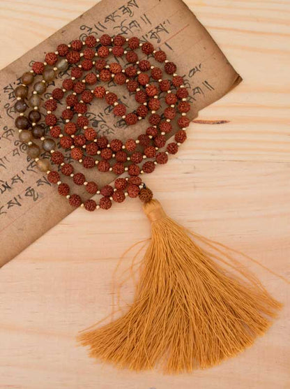 Sautoir Mala Tibétain Rudraksha Et Pierres Marron Facettées