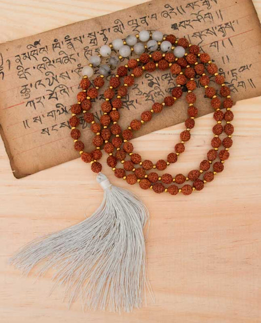 Sautoir Mala Tibétain En Rudraksha Et Pierres Marron-Gris