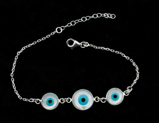 Bracelet œil bleu Nazar Boncuk en argent 925 et nacre – Bijou ethnique protecteur