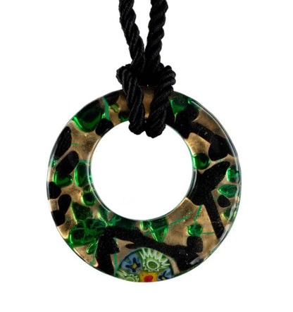 Pendentif Donut en Verre de Murano Vert et Doré – Bijou Italien d’Exception