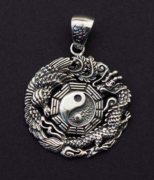 Pendentif Yin Yang Bagua Dragon Phénix en argent massif 925 – Symbole Feng Shui d'harmonie et de prospérité
