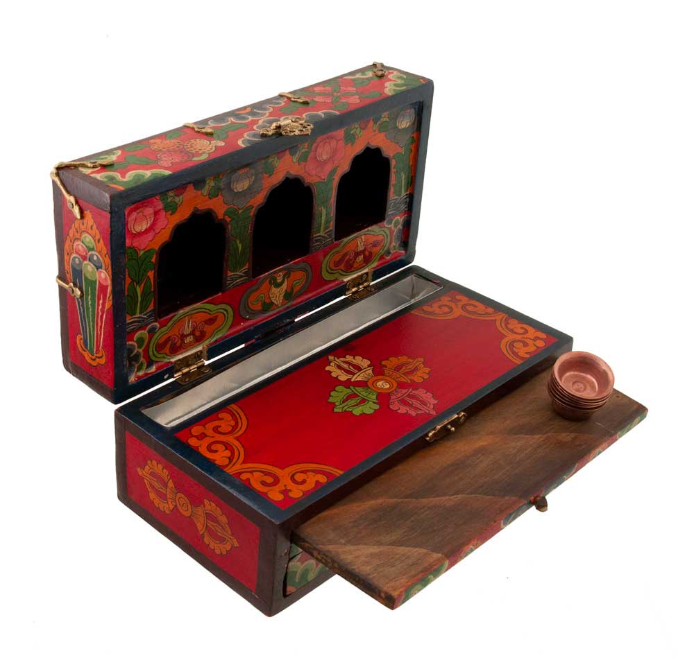 Autel de voyage tibétain 26 cm – temple bouddhiste artisanal en bois peint avec tiroirs