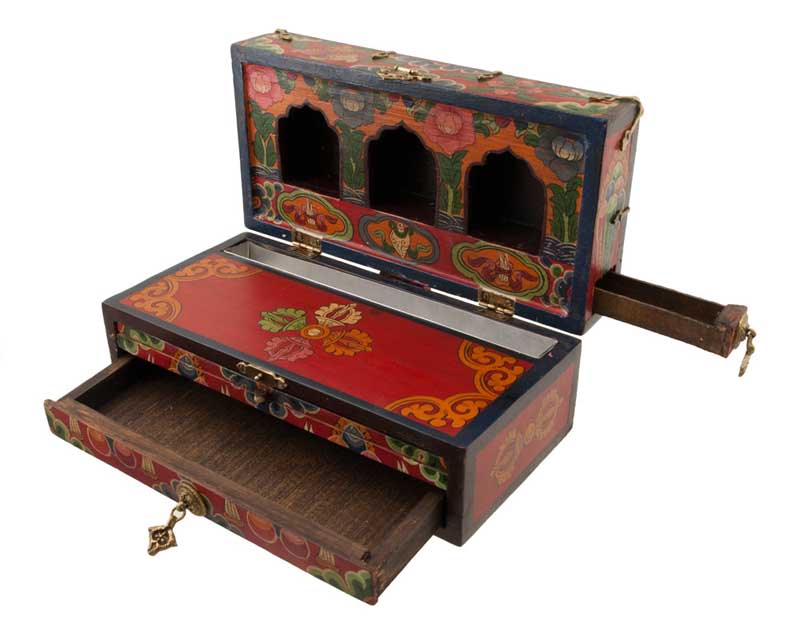 Autel de voyage tibétain 26 cm – temple bouddhiste artisanal en bois peint avec tiroirs