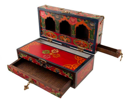 Autel de voyage tibétain 26 cm – temple bouddhiste artisanal en bois peint avec tiroirs