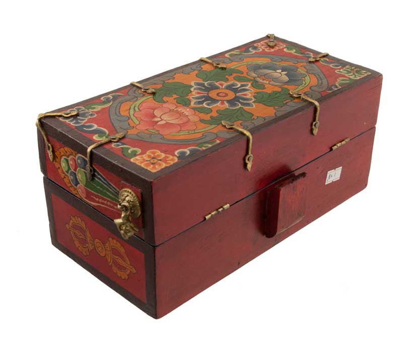 Autel de voyage tibétain 26 cm – temple bouddhiste artisanal en bois peint avec tiroirs