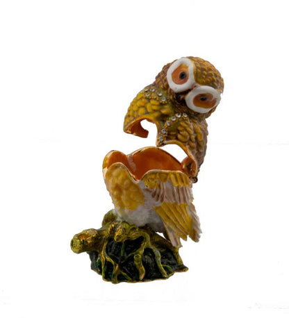 Boîte Cloisonnée Chouette sur Tronc – Boîte à Bijoux Artisanale en Émail