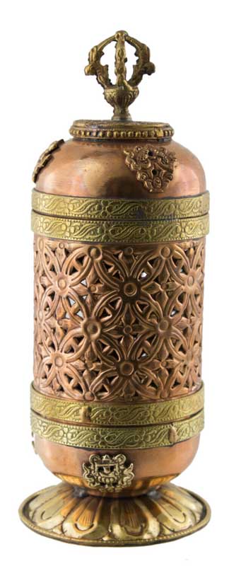 Brûleur d’encens tibétain en cuivre et laiton – décor Astamangala pour bâtons, poudres et résines