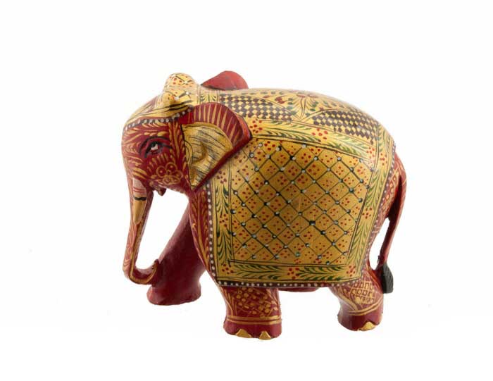 Statue Éléphant En Bois Peint – Sculpture Indienne Artisanale