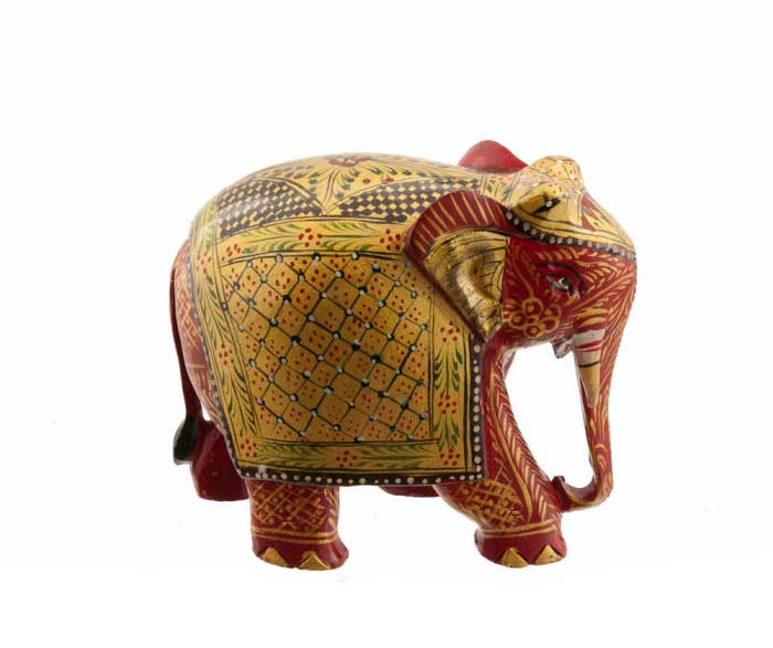 Statue Éléphant En Bois Peint – Sculpture Indienne Artisanale
