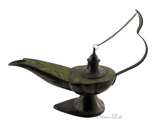 Énorme Lampe d’Aladin en Laiton 53 cm – Patine Brune et Verte – Artisanat Indien