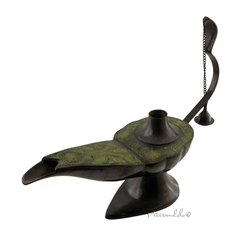 Énorme Lampe d’Aladin en Laiton 53 cm – Patine Brune et Verte – Artisanat Indien
