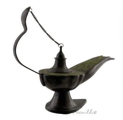Énorme Lampe d’Aladin en Laiton 53 cm – Patine Brune et Verte – Artisanat Indien