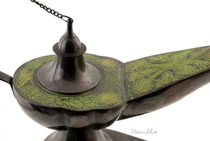 Énorme Lampe d’Aladin en Laiton 53 cm – Patine Brune et Verte – Artisanat Indien