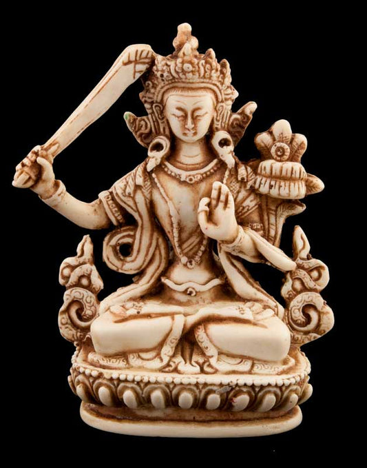 Statue Manjushri en Résine Blanc Antique 11 cm – Déité Bouddhiste Tibétaine du Népal