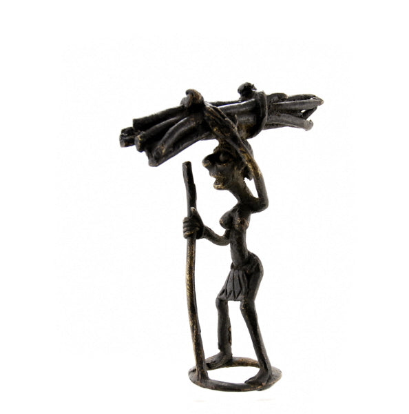 Figurine Bronze Bamoun – Paysan Porteur D’un Fagot – Artisanat Traditionnel Du Cameroun