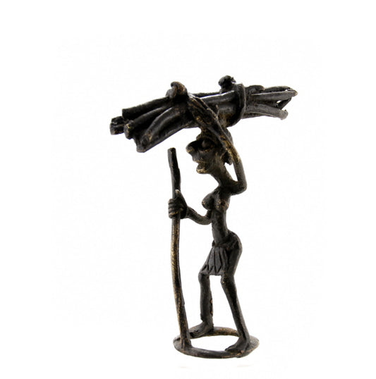 Figurine Bronze Bamoun – Paysan Porteur D’un Fagot – Artisanat Traditionnel Du Cameroun