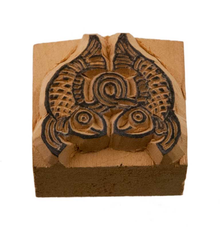 Tampon Encreur En Bois Sculpté Poissons Dorés Symbole Auspicieux Bouddhiste Tibétain