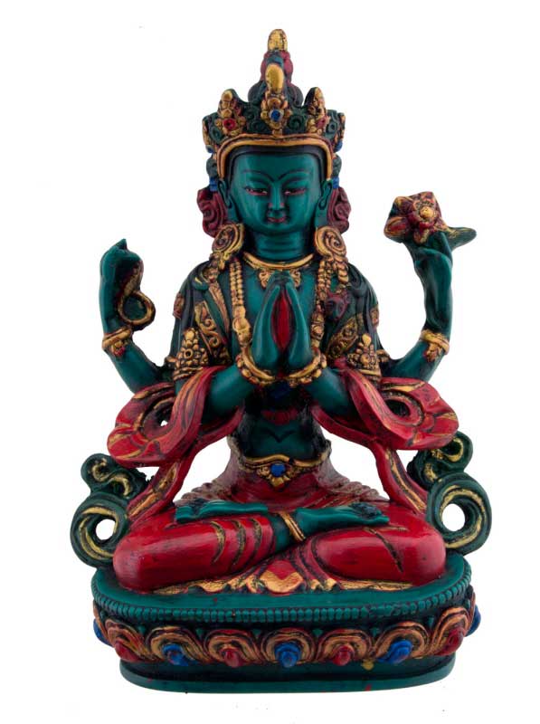 Statue Chenrezig Shadakshari en Résine Colorée – Artisanat Bouddhiste du Népal