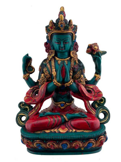 Statue Chenrezig Shadakshari en Résine Colorée – Artisanat Bouddhiste du Népal