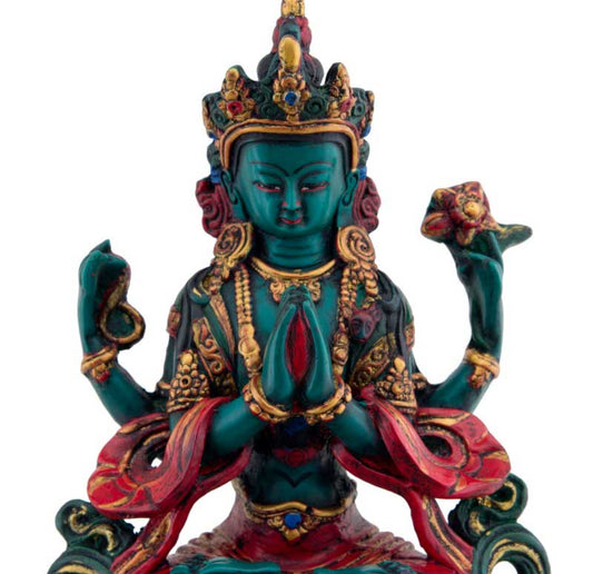 Statue Chenrezig Shadakshari en Résine Colorée – Artisanat Bouddhiste du Népal