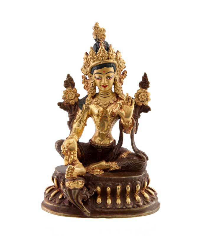 Statue Bouddhiste Tara Verte En Cuivre Doré – Artisanat Du Népal