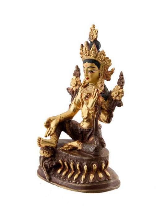 Statue Bouddhiste Tara Verte En Cuivre Doré – Artisanat Du Népal