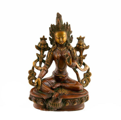 Statue Bouddhiste Tara Verte Assise Sur Lotus En Laiton – Artisanat Du Népal