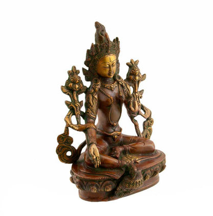 Statue Bouddhiste Tara Verte Assise Sur Lotus En Laiton – Artisanat Du Népal