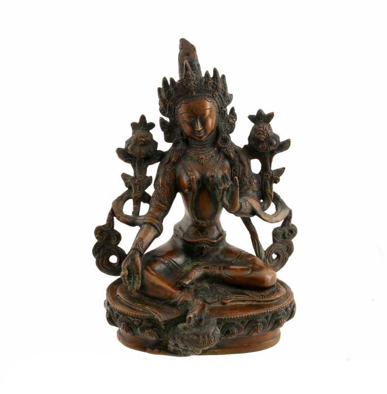 Statue Bouddhiste Tara Verte Assise Sur Lotus En Laiton – Artisanat Du Népal