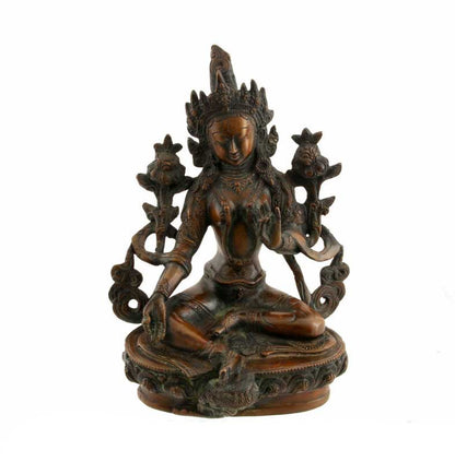 Statue Bouddhiste Tara Verte Assise Sur Lotus En Laiton – Artisanat Du Népal