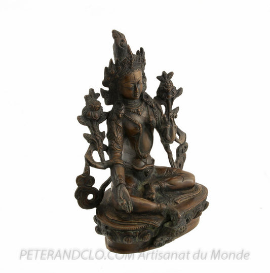 Statue Bouddhiste Tara Verte Assise Sur Lotus En Laiton – Artisanat Du Népal