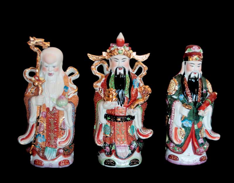 Trois Sages Chinois Fuk Luk Sau – Grandes Statuettes en Porcelaine