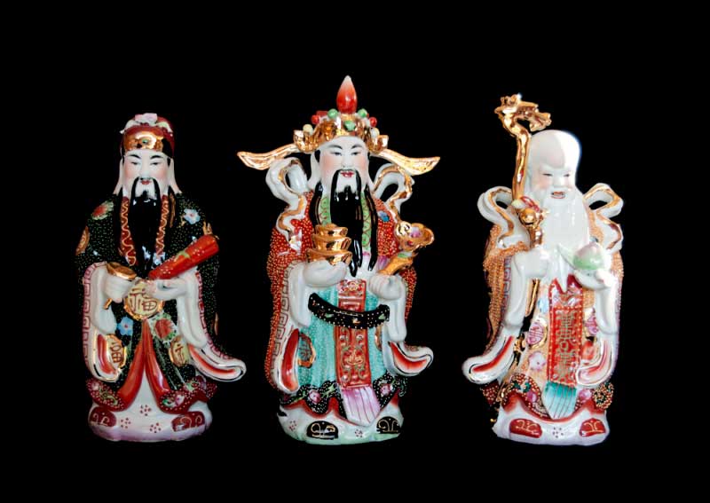 Trois Sages Chinois Fuk Luk Sau – Grandes Statuettes en Porcelaine