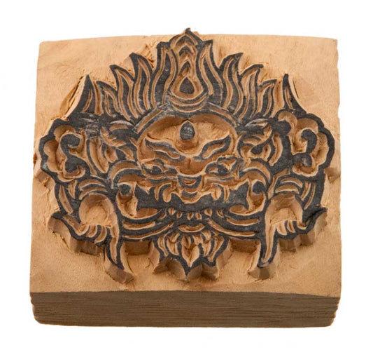 Tampon Encreur En Bois Sculpté Divinité Mahakala Bouddhiste Tibétain