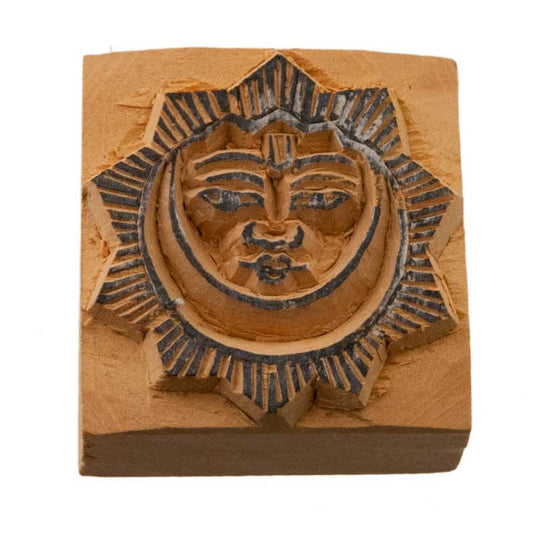 Tampon Encreur En Bois Sculpté Lune Et Soleil Symboles Spirituels