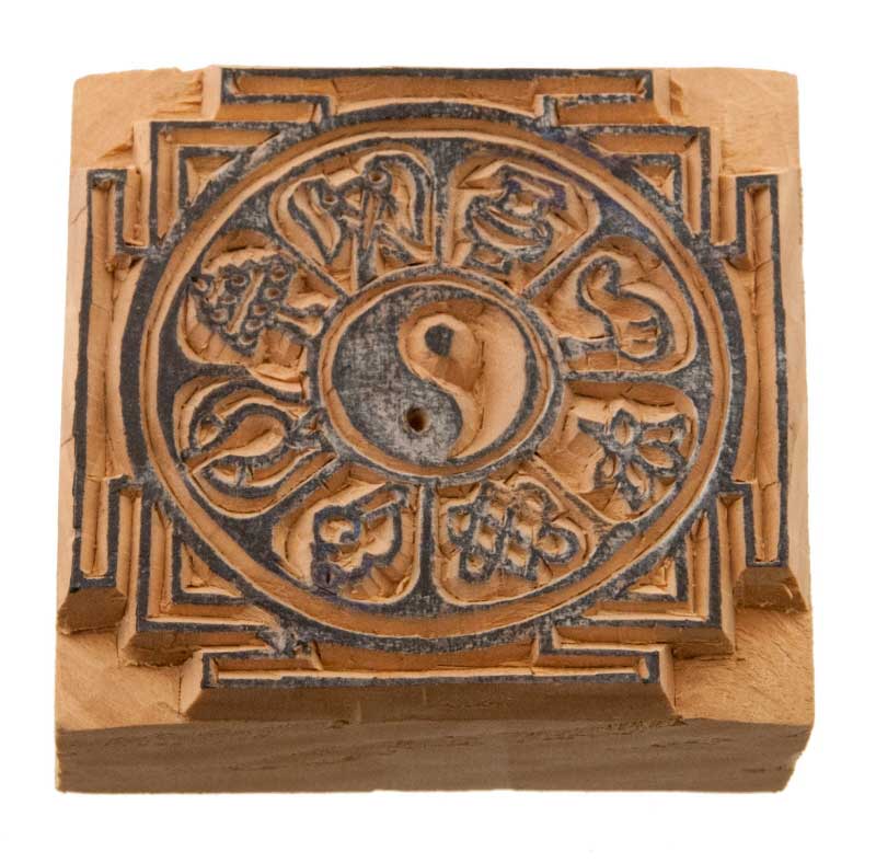 Tampon Encreur En Bois Sculpté 8 Symboles Auspicieux Bouddhistes Tibétains