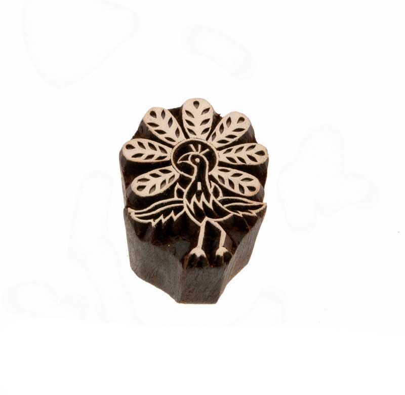 Tampon Encreur En Bois Indien – Motif Paon Et Sa Roue