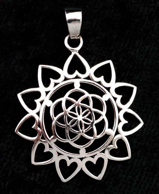 Pendentif Peace and Love mandala Sri Yantra en argent massif 925 – Géométrie sacrée